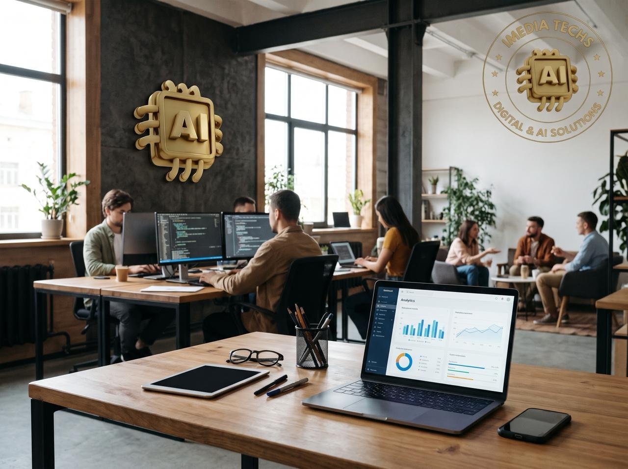 Collaborative technology office at iMedia Techs featuring team members working on enterprise AI and digital solutions, with branding on the wall.